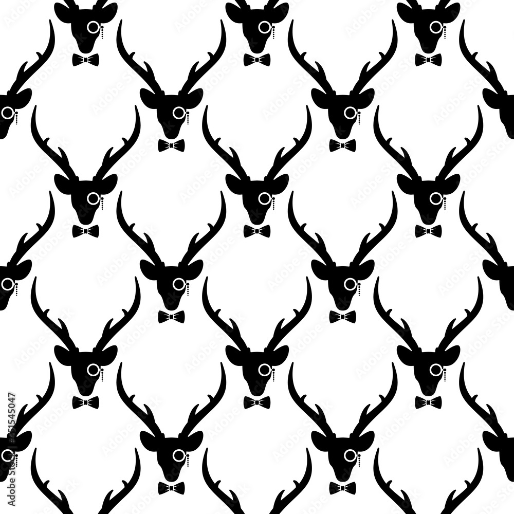 black deer heads with antlers, gentleman bow tie and lorgnette seamless pattern. black deer heads with antlers, gentleman bow tie and lorgnette seamless pattern.