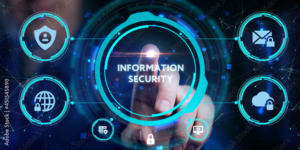 Obraz premium Cyber security data protection business technology privacy concept. Young businessman select the icon Information security on the virtual display.