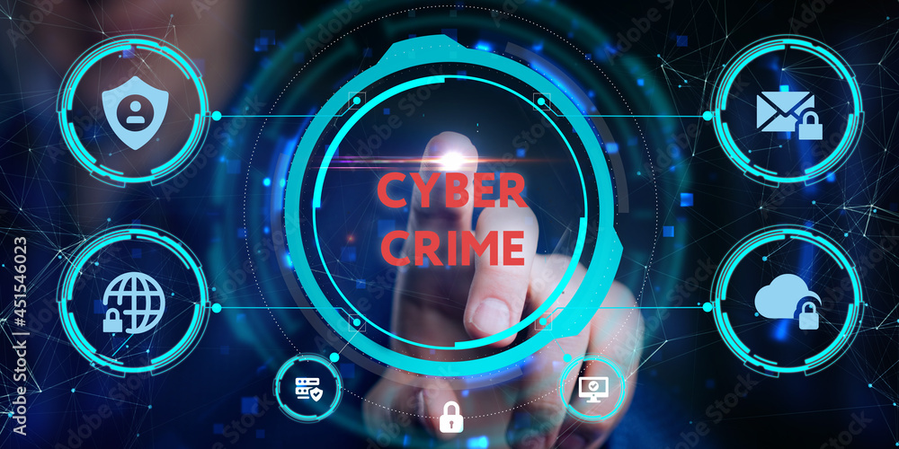 Cyber security data protection business technology privacy concept. Young businessman  select the icon Cyber crime on the virtual display.