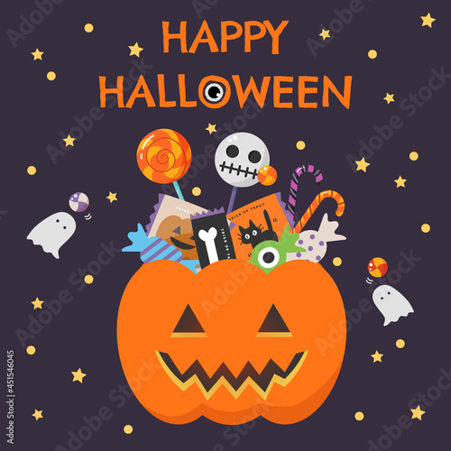 お菓子が入ったカボチャのバスケット、ハロウィンのベクターイラスト