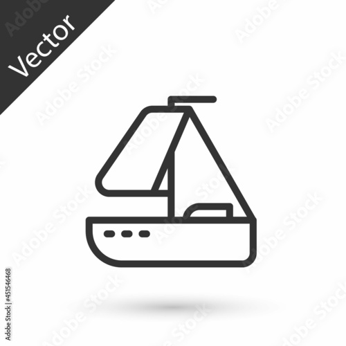 Grey line Yacht sailboat or sailing ship icon isolated on white background. Sail boat marine cruise travel. Vector