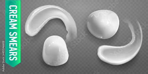 Set of realistic cosmetic cream smears. Skincare product of different body colors. Lotion smooth smear isolated vector texture on transparent background.