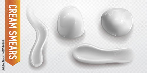 Set of realistic cosmetic cream smears. Skincare product of different body colors. Lotion smooth smear isolated vector texture on transparent background.