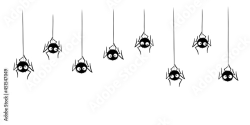 Cute black spiders hanging and swing on the web. Hand drawn, isolated, seamless pattern of border. Vector background, decoration, divider or frame for Halloween