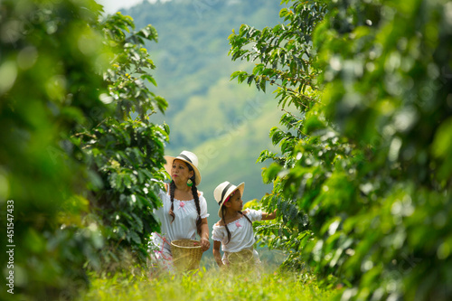 mom and daughter picking up coffee beans in a coffee plantation