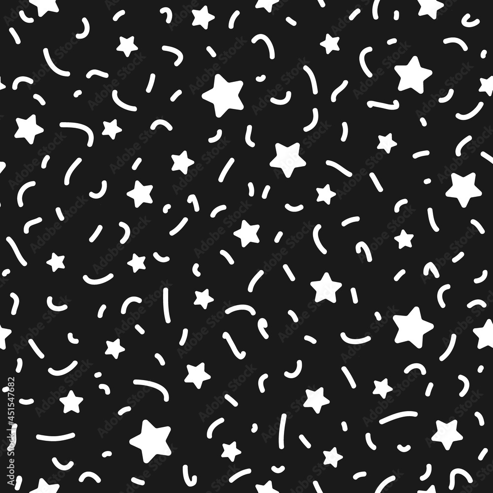 Seamless pattern with little rounded back stars, dots and strokes on black background. Seamless pattern with little rounded back stars, dots and strokes on black background.