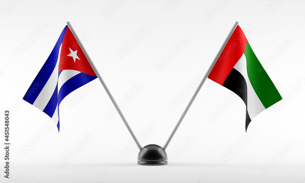 Stand with two national flags. Flags of Cuba and United Arab Emirates. Isolated on a white background. 3d rendering Stand with two national flags. Flags of Cuba and United Arab Emirates. Isolated on a white background. 3d rendering