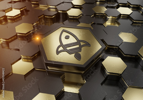 Spaceship icon innovation concept engraved on gold metal hexagonal pedestral background. Rocket startup logo glowing on abstract digital surface. 3d rendering