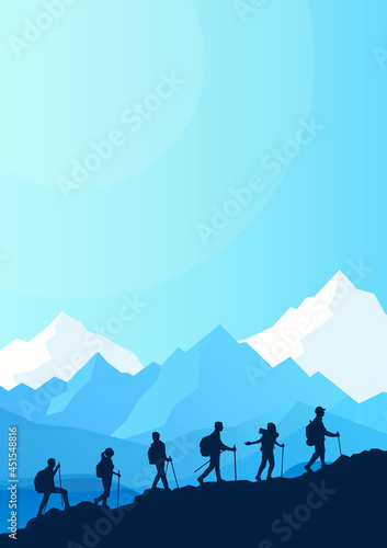 Sports team climb a mountain. Cooperation. Travel concept of discovering, exploring, observing nature. Hiking tourism. Adventure. Minimalist graphic flyers. Polygonal flat design illustration