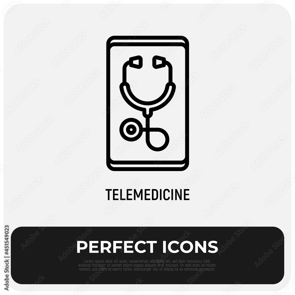 Telemedicine thin line icon, stethoscope on screen of smartphone. Modern vector illustration. Telemedicine thin line icon, stethoscope on screen of smartphone. Modern vector illustration.