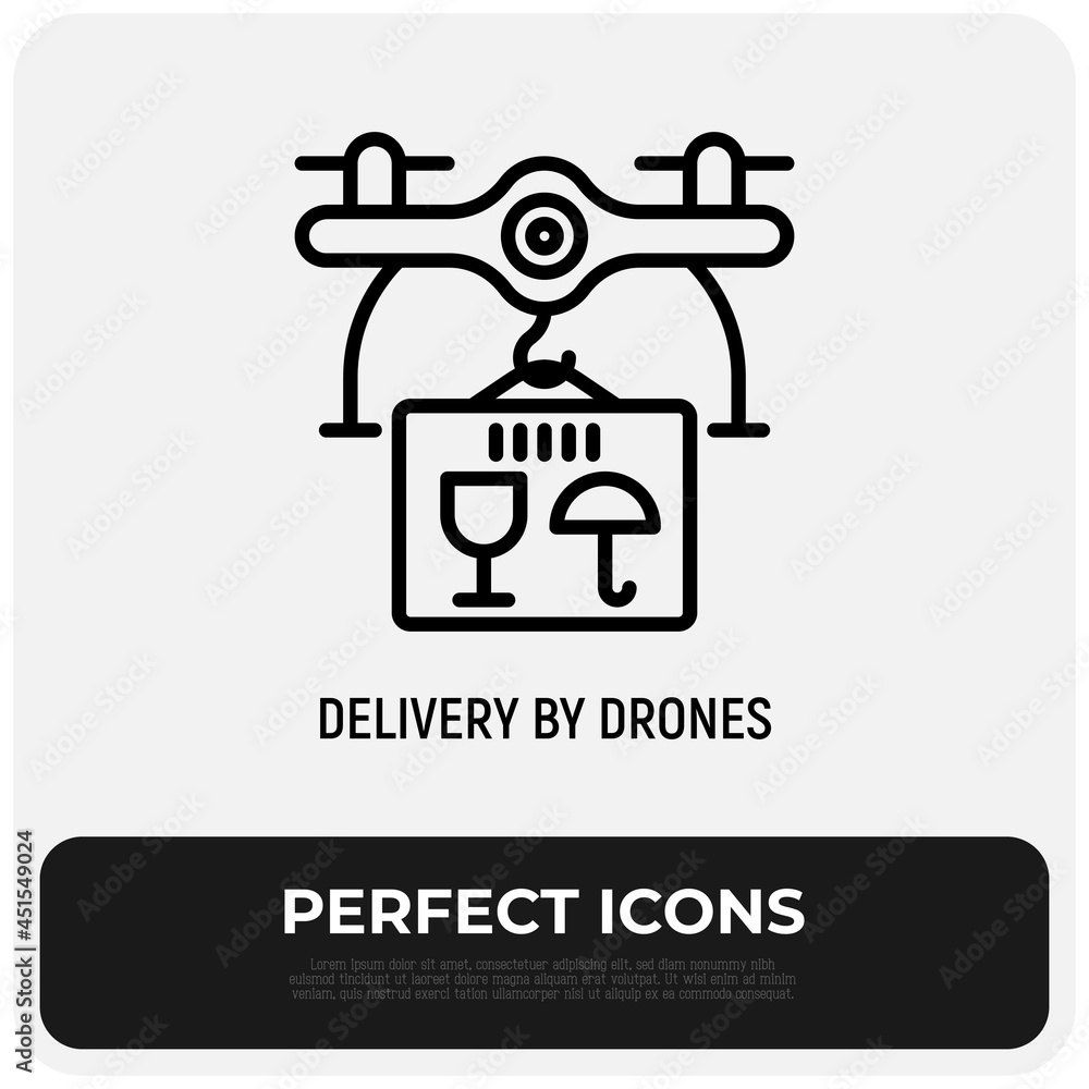Drone delivery of parcel thin line icon. Modern vector illustration of logistic innovation. Drone delivery of parcel thin line icon. Modern vector illustration of logistic innovation.