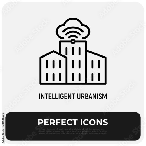 Smart city, intelligent urbanism thin line icon. Cloud computing technology in building. Modern vector illustration.