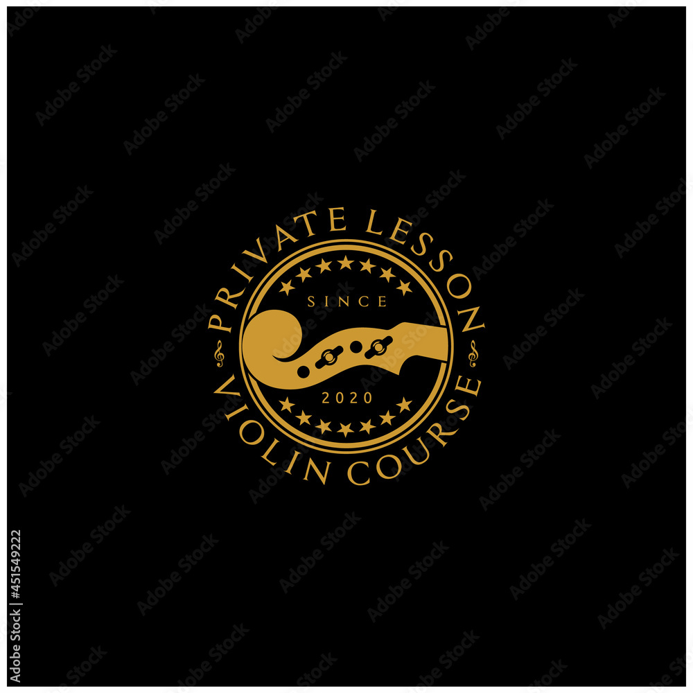 Fototapeta premium Golden Cello, Violin Head Music Emblem Stamp Vector Logo Template for Violin School, Academy Isolated on Black Background