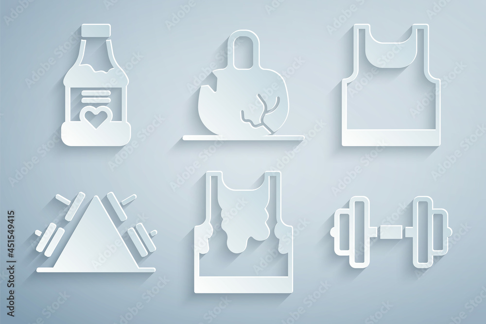 Set Sweaty sleeveless t-shirt, Sleeveless, Metal rack with weight, Dumbbell, Broken and Vitamins icon. Vector Set Sweaty sleeveless t-shirt, Sleeveless, Metal rack with weight, Dumbbell, Broken and Vitamins icon. Vector