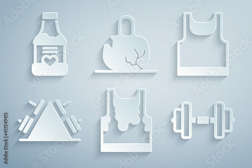 Set Sweaty sleeveless t-shirt, Sleeveless, Metal rack with weight, Dumbbell, Broken and Vitamins icon. Vector