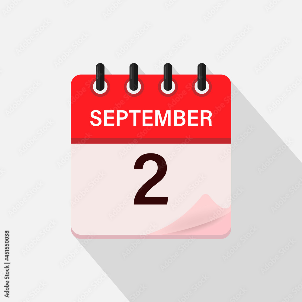 September 2, Calendar icon with shadow. Day, month. Flat vector illustration. September 2, Calendar icon with shadow. Day, month. Flat vector illustration.