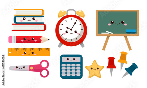 Set of kawaii school supplies stationery. Flat vector cartoon design