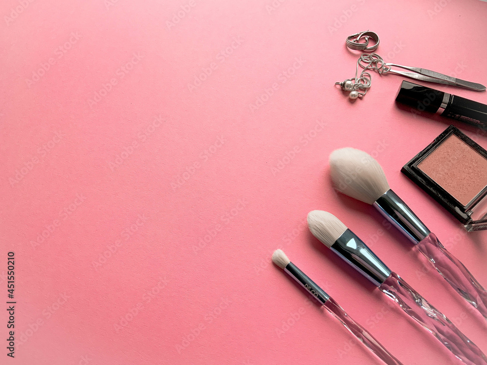 Brushes a flat lay with copy space. Beauty cosmetic makeup product layout. Stylish design. Creative fashionable concept. Cosmetics make-up brushes collection on a pink background, top view.
Brushes a flat lay with copy space. Beauty cosmetic makeup product layout. Stylish design. Creative fashionable concept. Cosmetics make-up brushes collection on a pink background, top view.