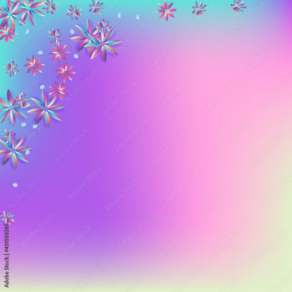 Holographic Hibiscus Vector Blue Background.