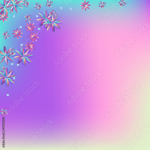Holographic Hibiscus Vector Blue Background. © Natallia