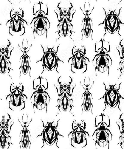 Seamless monochrome pattern with geometric insects in row on white background. Vector texture with black geometrical stag beetle, flying ant, ladybug. Stylish wallpaper with hand drawn bugs © veleri_kz