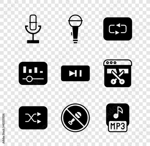 Set Microphone, Repeat button, Arrow shuffle, Mute microphone, MP3 file, Music equalizer and Pause icon. Vector