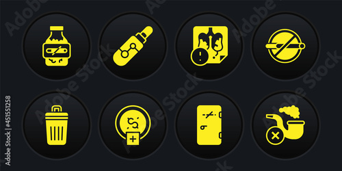 Set Trash can, No smoking, Stop smoking, money saving, area, Disease lungs, Electronic cigarette, Smoking pipe with smoke and Nicotine gum blister pack icon. Vector