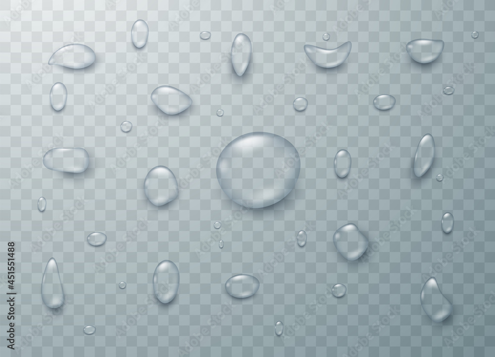 Realistic drops of rain or steam isolated on transparent background. Condensation set of transparent vector bubbles. Vector illustration. Realistic drops of rain or steam isolated on transparent background. Condensation set of transparent vector bubbles. Vector illustration.