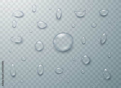 Realistic drops of rain or steam isolated on transparent background. Condensation set of transparent vector bubbles. Vector illustration.