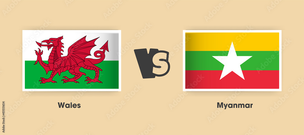 Wales vs Myanmar flags placed side by side. Creative stylish national flags of Wales and Myanmar with background