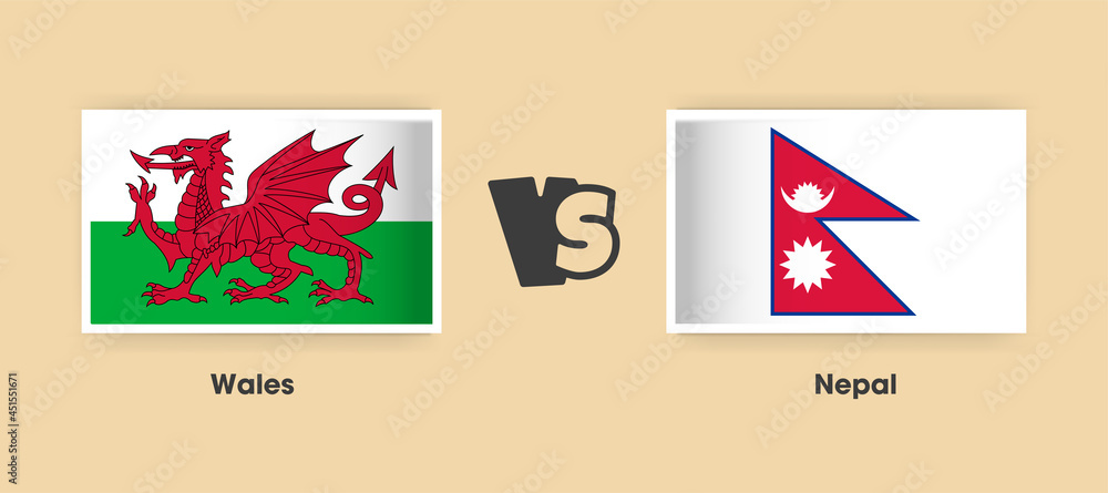 Obraz premium Wales vs Nepal flags placed side by side. Creative stylish national flags of Wales and Nepal with background
