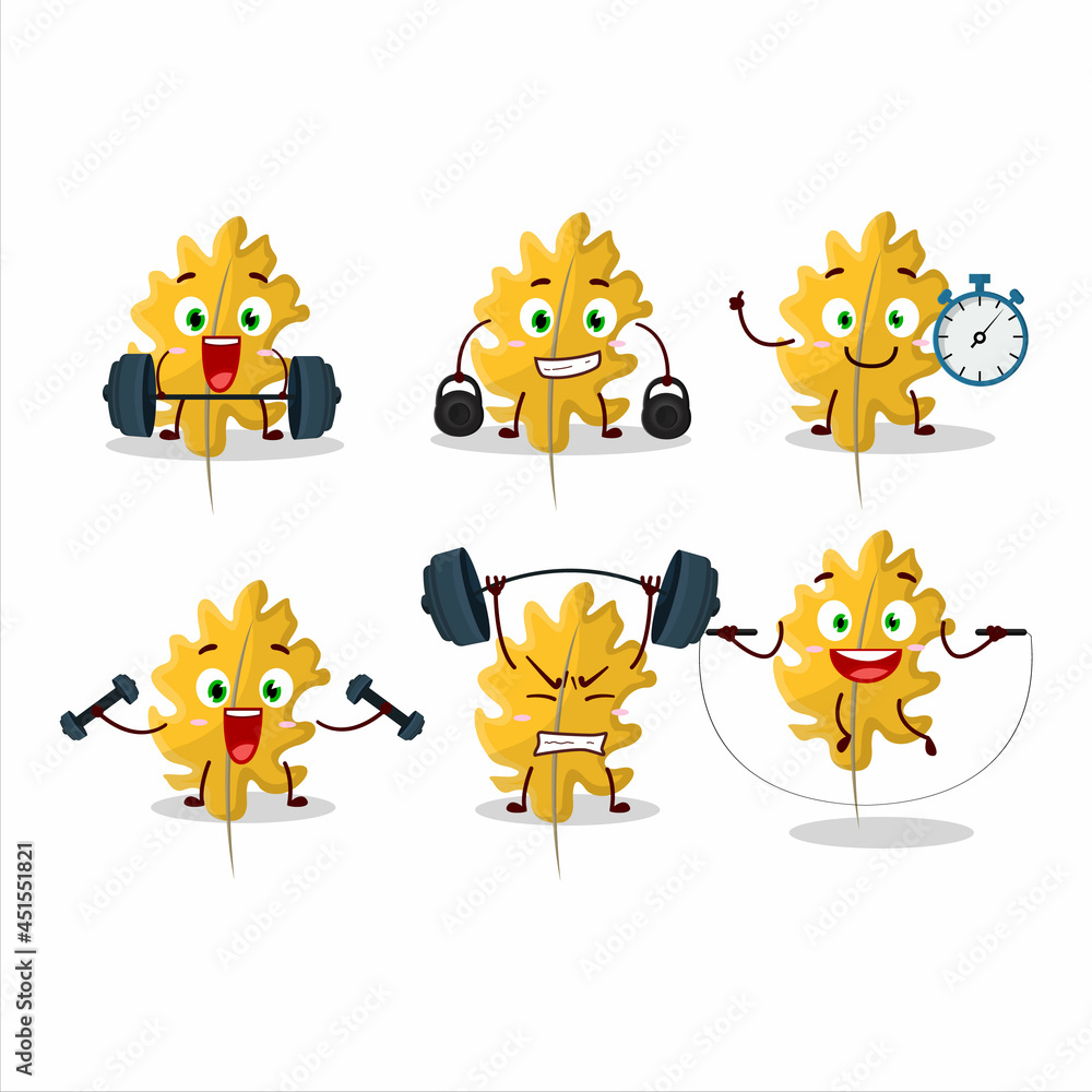 A healthy oak yellow leaf angel cartoon style trying some tools on Fitness center A healthy oak yellow leaf angel cartoon style trying some tools on Fitness center