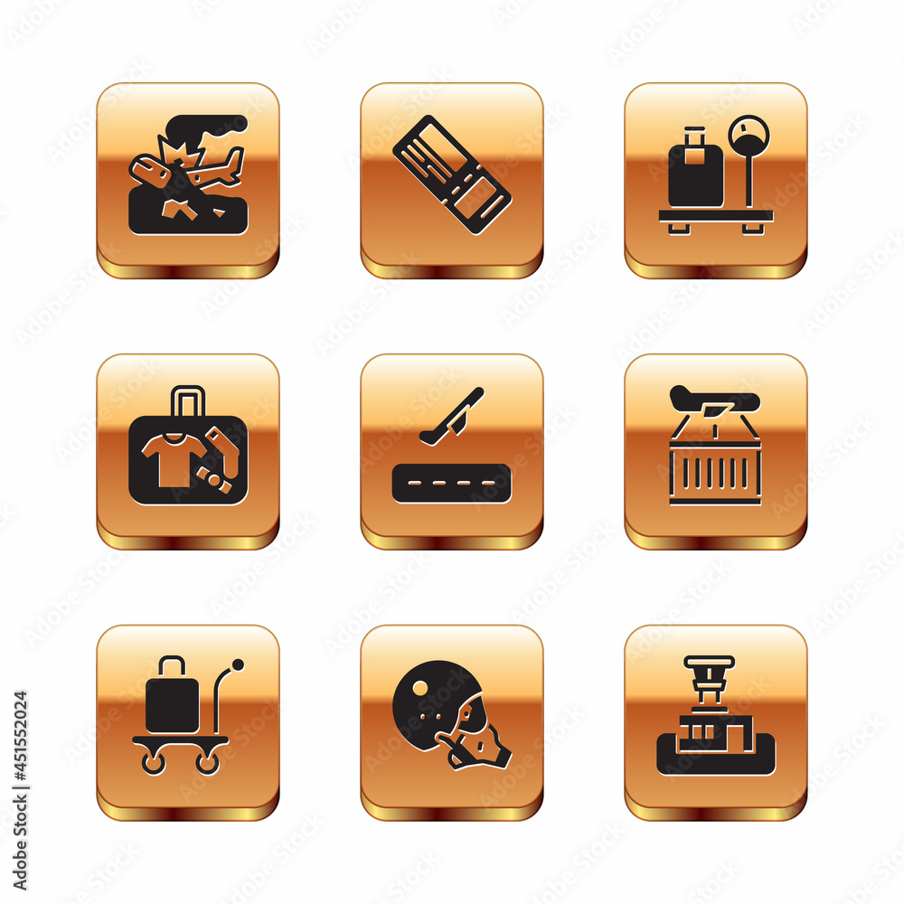 Set Plane crash, Trolley baggage, Modern pilot helmet, takeoff, Suitcase, Scale with suitcase, Airport control tower and Airline ticket icon. Vector Set Plane crash, Trolley baggage, Modern pilot helmet, takeoff, Suitcase, Scale with suitcase, Airport control tower and Airline ticket icon. Vector