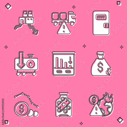 Set Shutdown of factory, Stop delivery cargo truck, Prison cell door, Drop in crude oil price, Pie chart infographic, Money bag, Dollar rate decrease and Glass money jar with coin icon. Vector