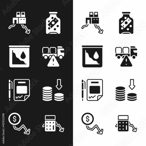 Set Stop delivery cargo truck, Drop in crude oil price, Shutdown of factory, Glass money jar with coin, Contract and pen, Dollar rate decrease, Calculation expenses and icon. Vector