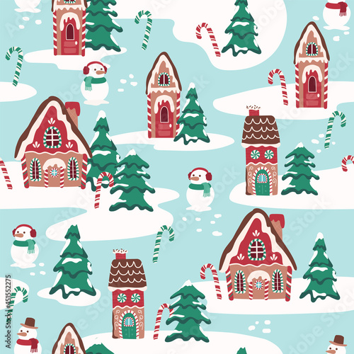 Christmas gingerbread house map biscuit, sweet desserts seamless pattern for fabric, linen, textiles and wallpaper
