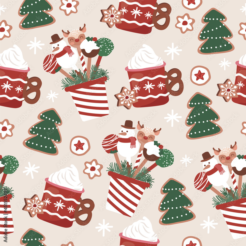Christmas cake pop, cafe, sweets, biscuit seamless pattern for fabric, linen, textiles and wallpaper