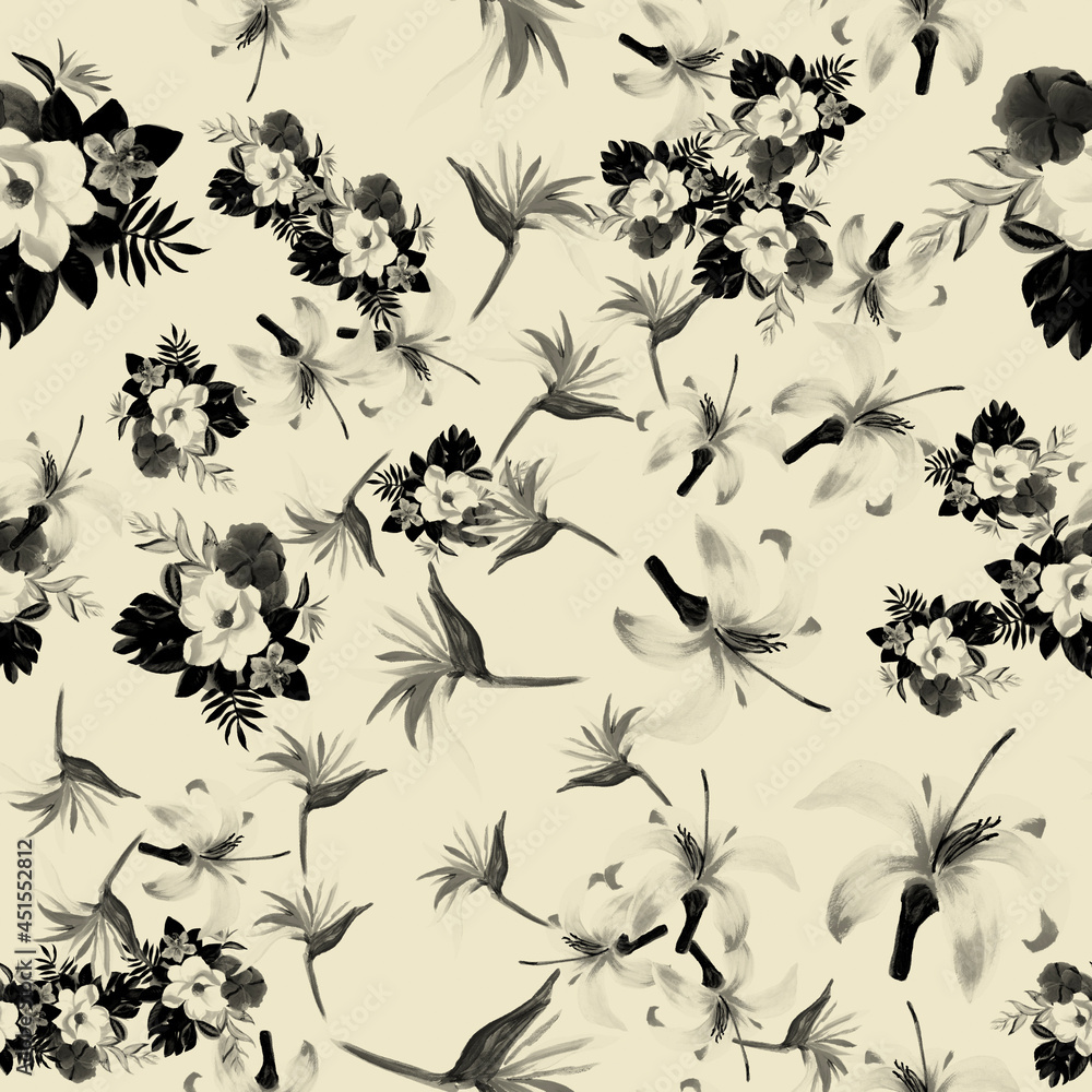 White Pattern Texture. Black Tropical Botanical. Gray Floral Background. Decoration Nature. Floral Design. Summer Textile. Spring Art. Wallpaper Design.