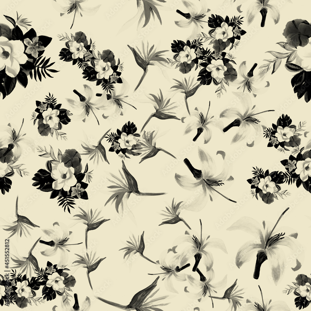 Fototapeta premium White Pattern Texture. Black Tropical Botanical. Gray Floral Background. Decoration Nature. Floral Design. Summer Textile. Spring Art. Wallpaper Design.