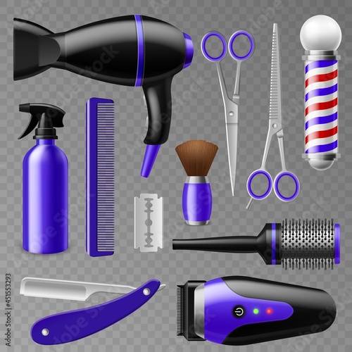 Realistic barbershop tools. Hairdresser professional tools, beauty salon objects black and purple colors, fashion hair and facial skin care. Scissors, clippers and combs vector isolated set