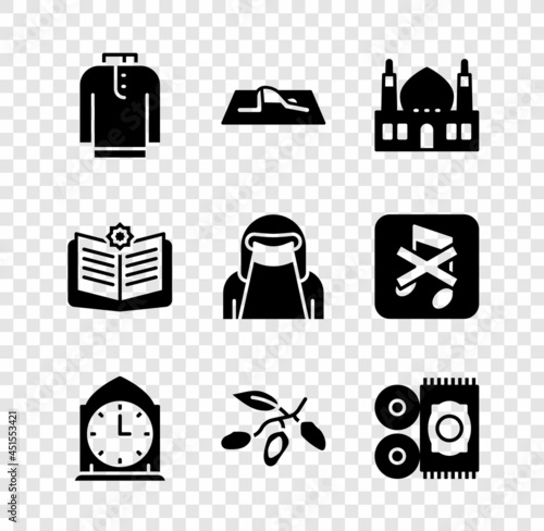 Set Shirt kurta, Muslim man prays, Mosque, Clock, Date fruit, Traditional carpet, Holy book of Koran and woman in niqab icon. Vector