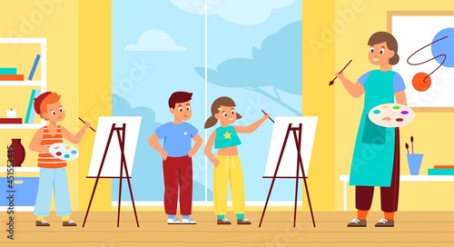 Children painting with teacher. Drawing lesson in classroom, students at easels hold palettes with paints, artists workshop and art class. Artistic boys and girls vector cartoon concept