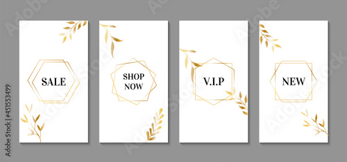 Vector luxury stories templates for instagram. Golden leaves and frames with text on a white background