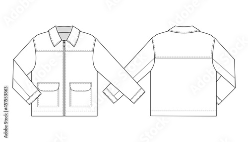 Fashion technical drawing of zipped jacket with patch pockets