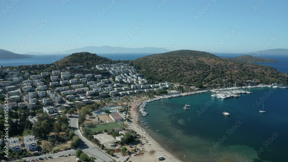 Amazing panoramic aerial 4k view from drone of beautiful bay of Bitez and Bodrum city in Bodrum on a bright and sunny day in Mugla province in Turkey Amazing panoramic aerial 4k view from drone of beautiful bay of Bitez and Bodrum city in Bodrum on a bright and sunny day in Mugla province in Turkey