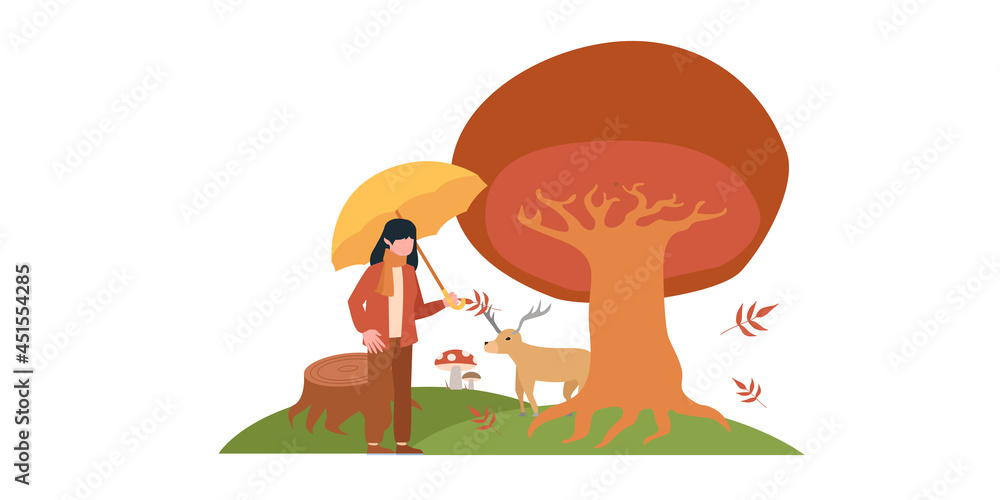 Vector illustration in flat linear style - autumn background - landscape illustration with plants, trees, people, couple, leaves, chairs, deer and copy space for text - for autumn banners Vector illustration in flat linear style - autumn background - landscape illustration with plants, trees, people, couple, leaves, chairs, deer and copy space for text - for autumn banners