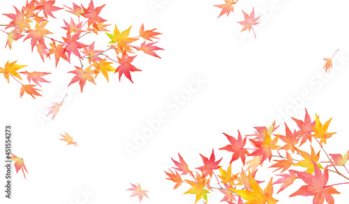 赤く色づいた秋の紅葉の枝と落葉。水彩イラスト。２隅装飾フレームデザイン。日本の伝統模様（ベクターデータ）