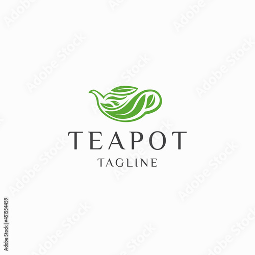Teapot green tea leaf logo icon design template flat vector