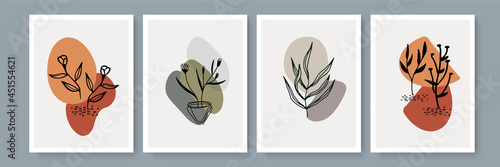 Boho poster with floral dan leaves. Botanical minimal wall art vector set. Earth tone boho foliage line art drawing with abstract shape. Abstract Plant Art design for print, cover, wallpaper.