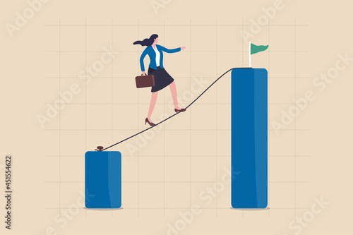 Career challenge or growth and improvement, risk taking to be success or leadership to overcome difficulty to achieve target concept, confidence businesswoman walking on the rope up to higher goal.